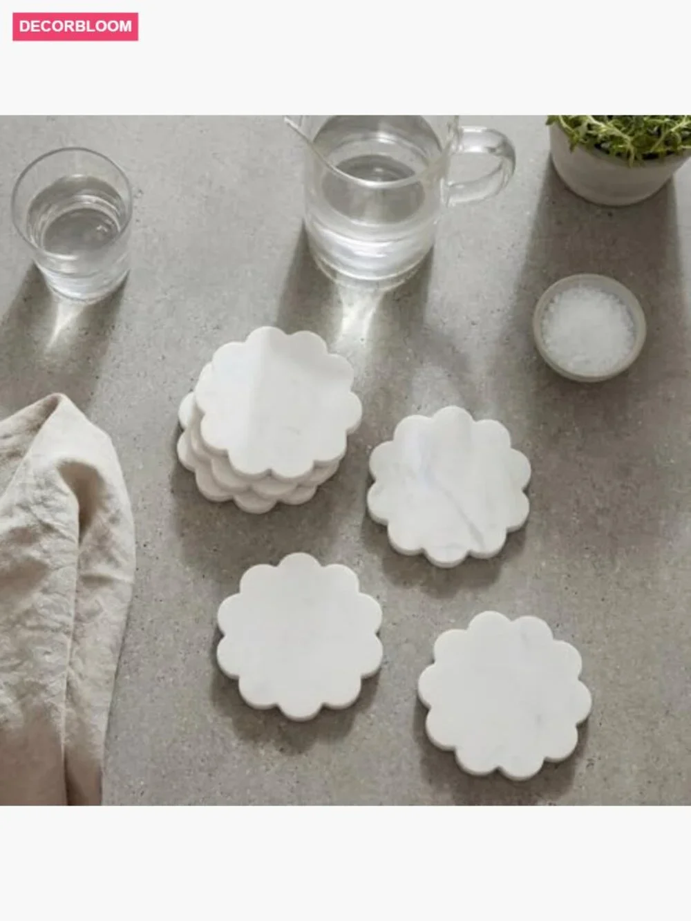 6 Piece Natural Marble Coaster Set - Scalloped Square Stone Drink Coasters